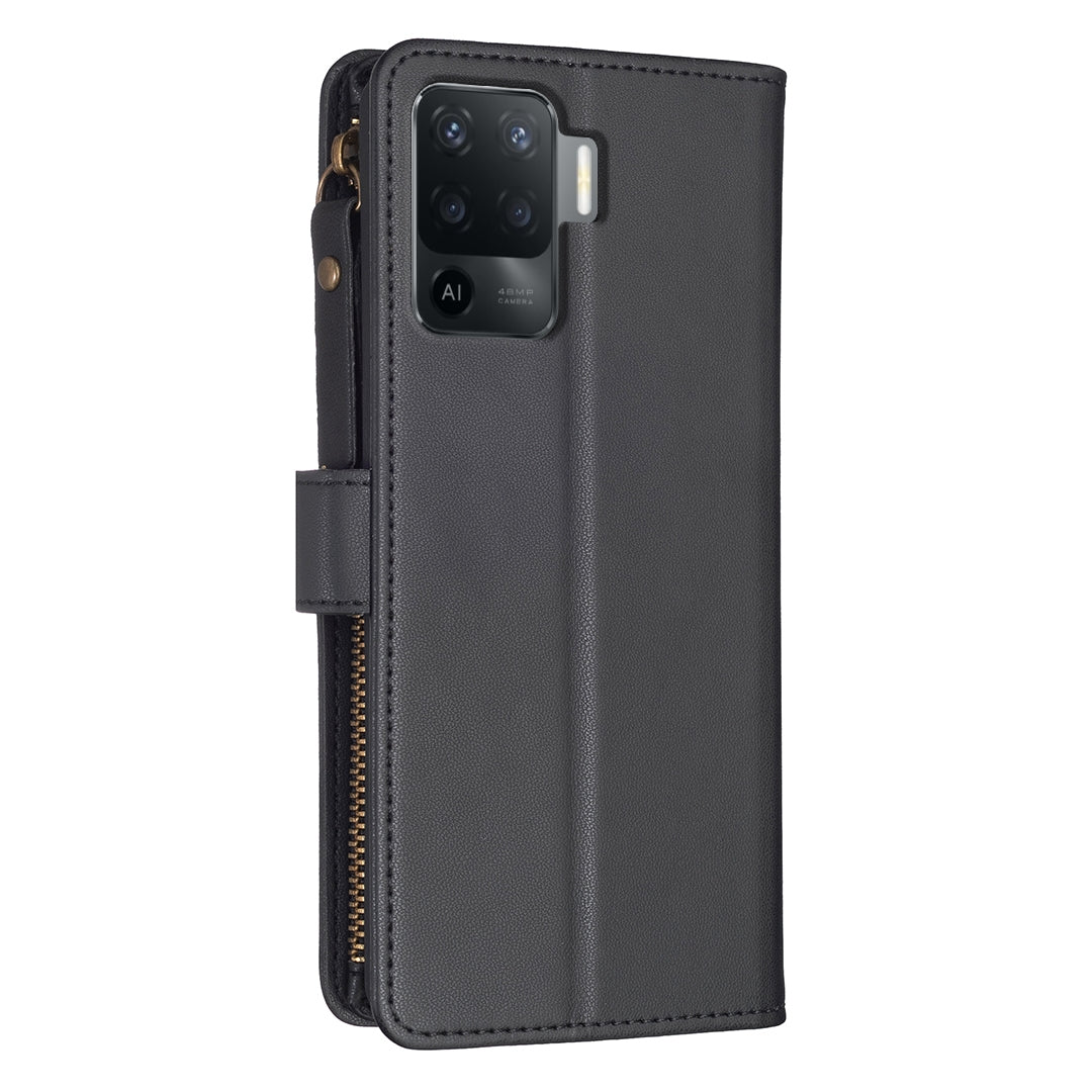 OPPO F19 Pro Leather Flip Wallet Phone Case with 9 Card Slots, Zipper Compartment, and Adjustable Stand