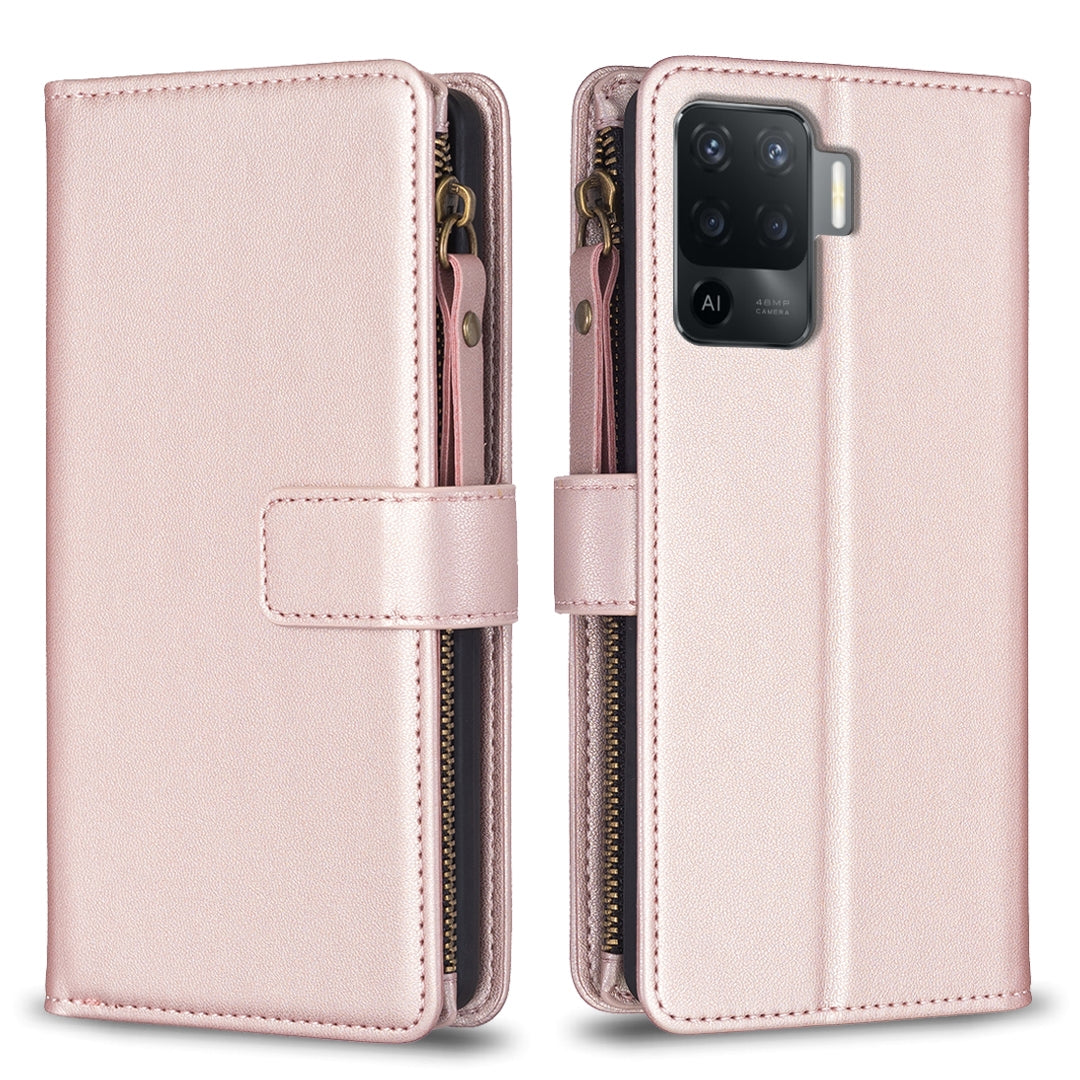 OPPO Reno5 F Leather Flip Wallet Phone Case with 9 Card Slots, Zipper Compartment, and Adjustable Stand