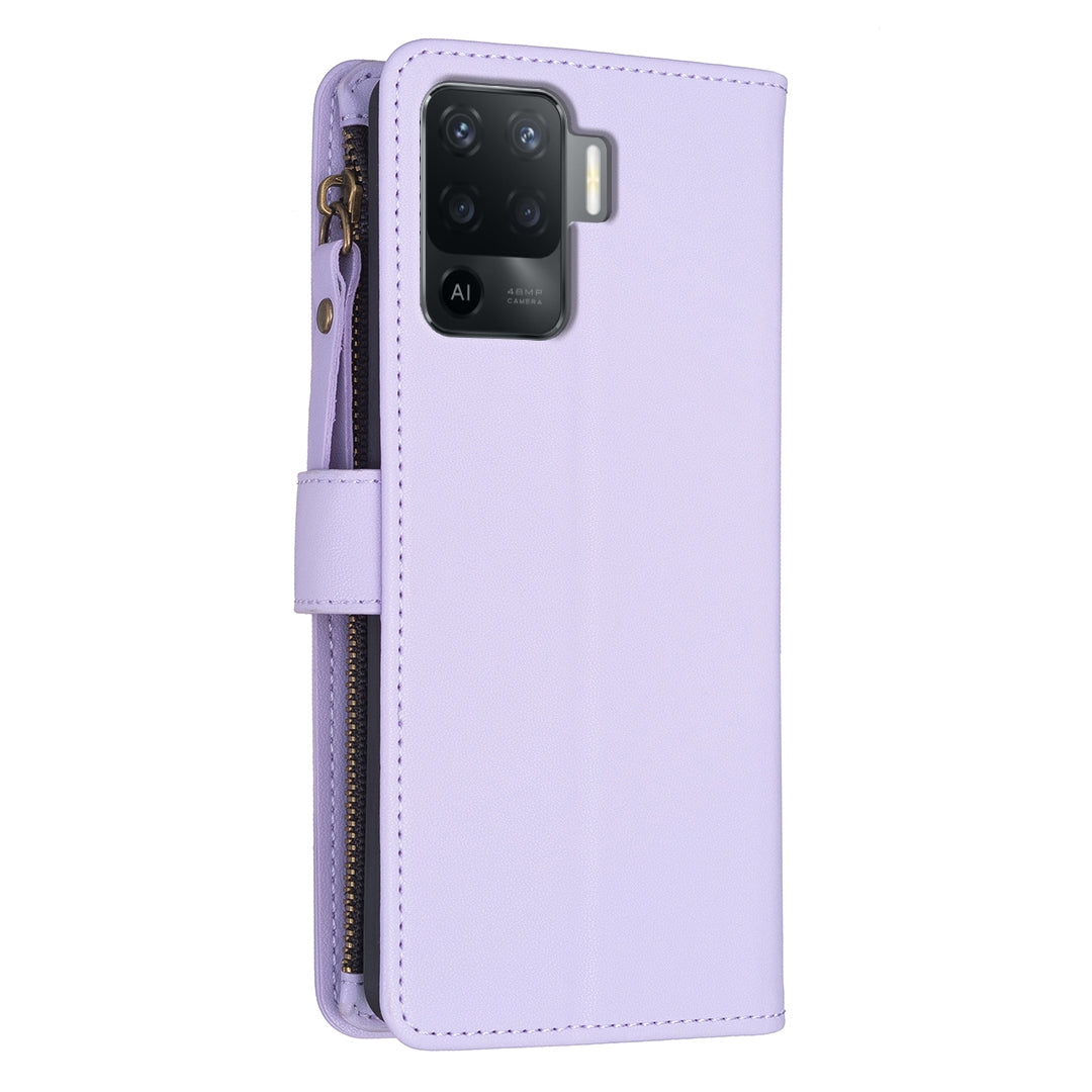 OPPO Reno5 F Leather Flip Wallet Phone Case with 9 Card Slots, Zipper Compartment, and Adjustable Stand