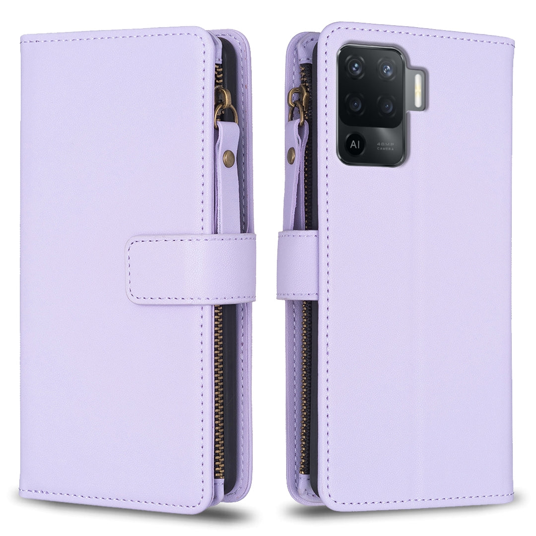 OPPO F19 Pro Leather Flip Wallet Phone Case with 9 Card Slots, Zipper Compartment, and Adjustable Stand