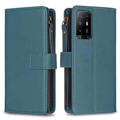 OPPO F19 Pro+ Leather Flip Wallet Phone Case with 9 Card Slots, Zipper Compartment, and Adjustable Stand