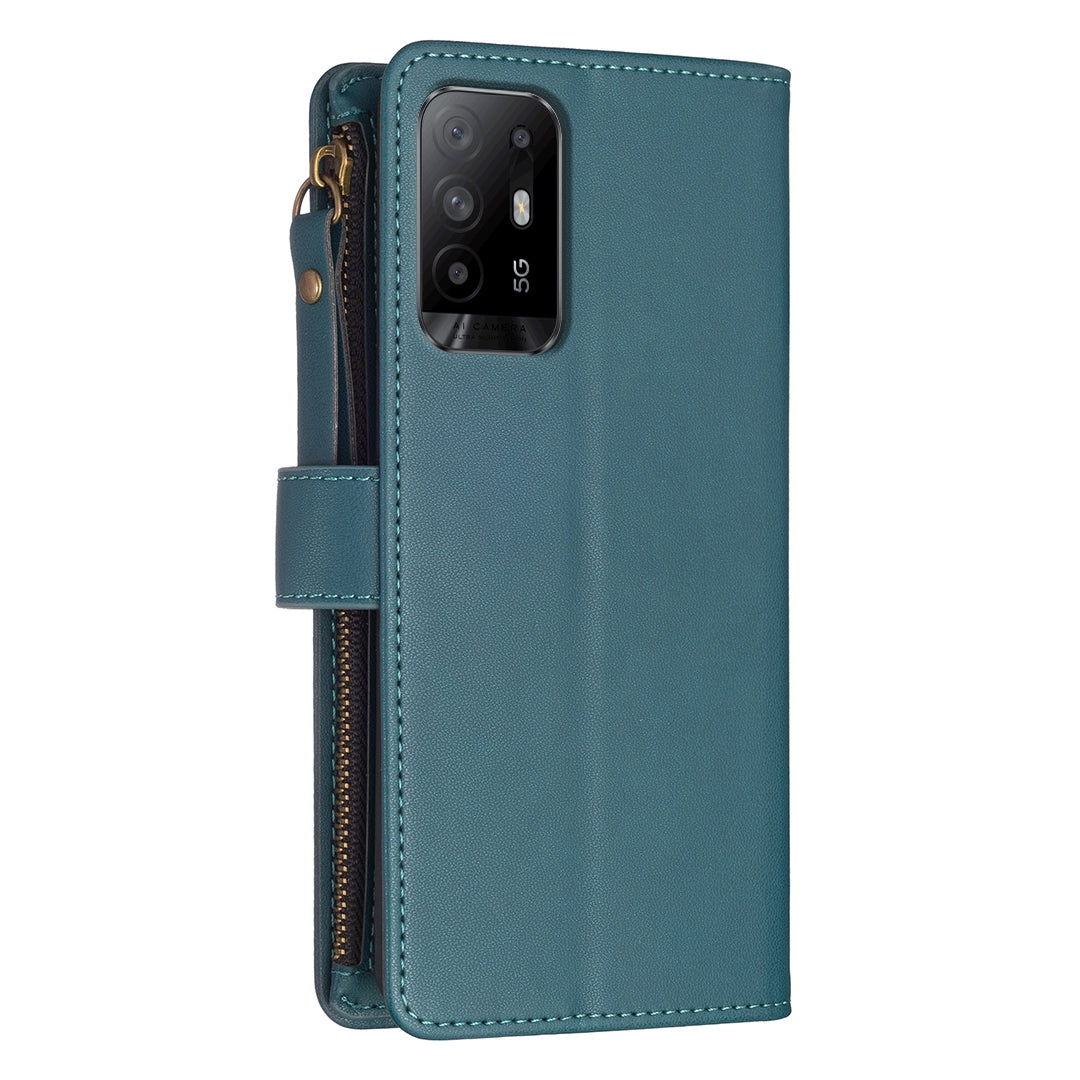 OPPO Reno5 Z 5G Leather Flip Wallet Phone Case with 9 Card Slots, Zipper Compartment, and Adjustable Stand
