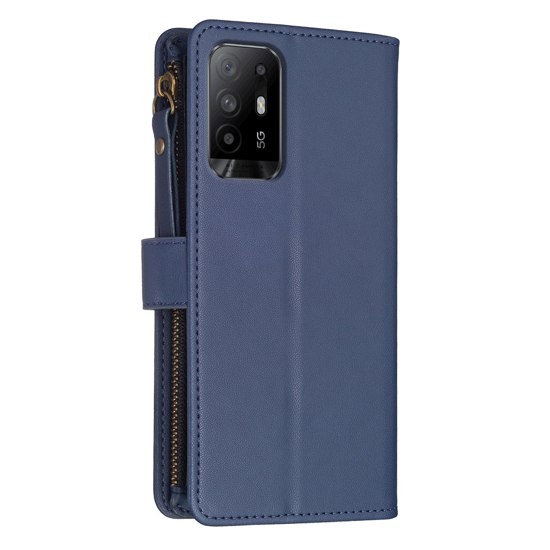 OPPO Reno5 Z 5G Leather Flip Wallet Phone Case with 9 Card Slots, Zipper Compartment, and Adjustable Stand