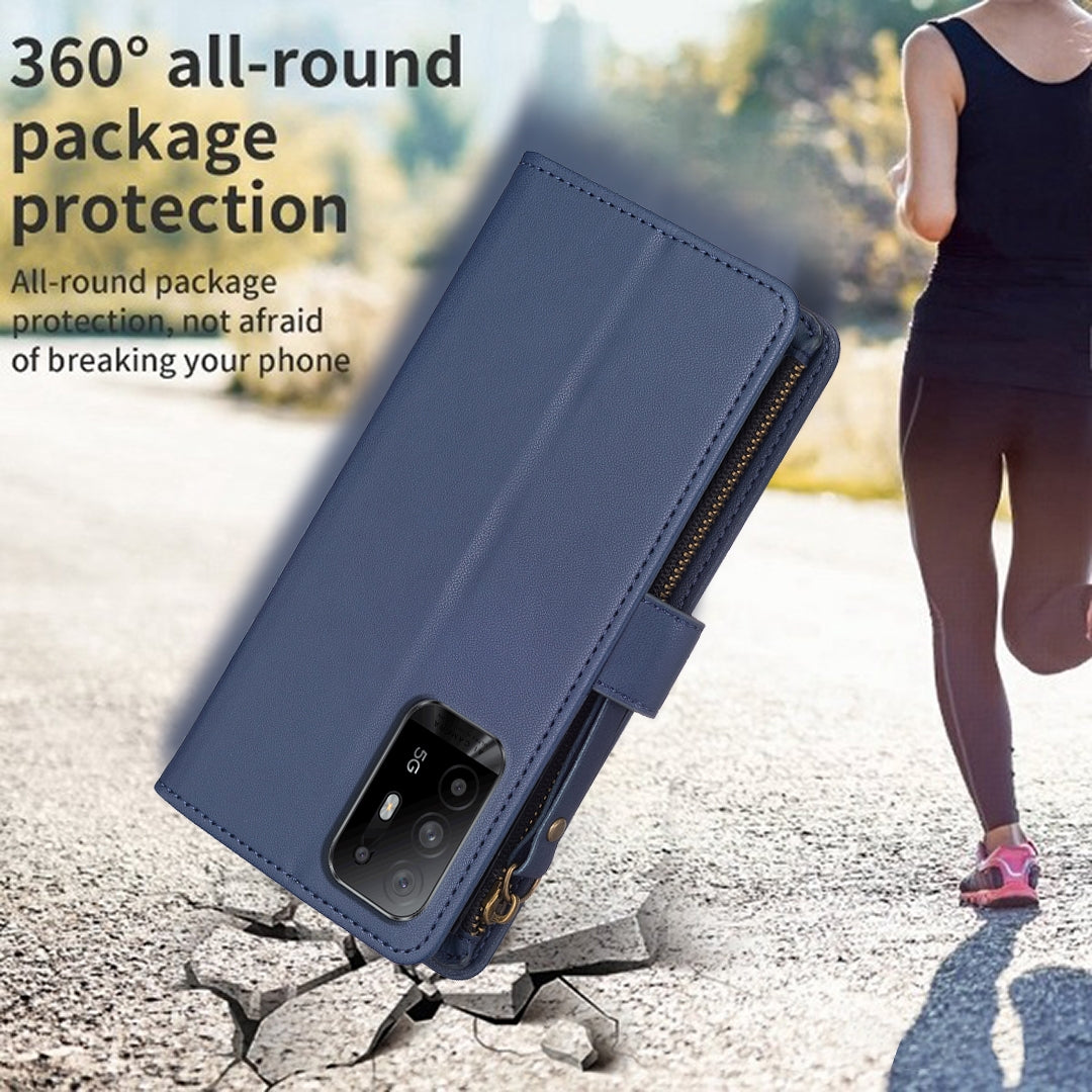 OPPO Reno5 Z 5G Leather Flip Wallet Phone Case with 9 Card Slots, Zipper Compartment, and Adjustable Stand