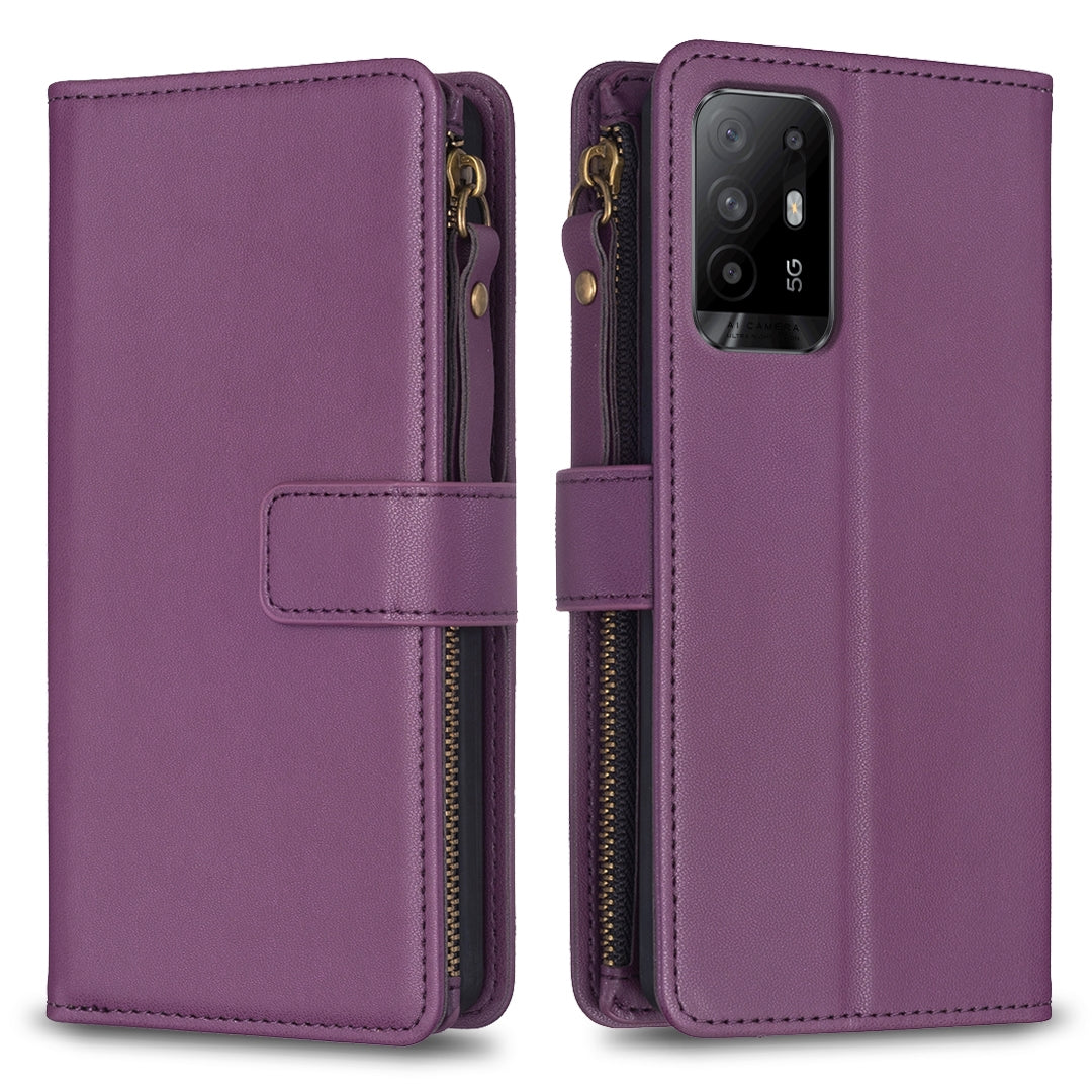 OPPO F19 Pro+ Leather Flip Wallet Phone Case with 9 Card Slots, Zipper Compartment, and Adjustable Stand