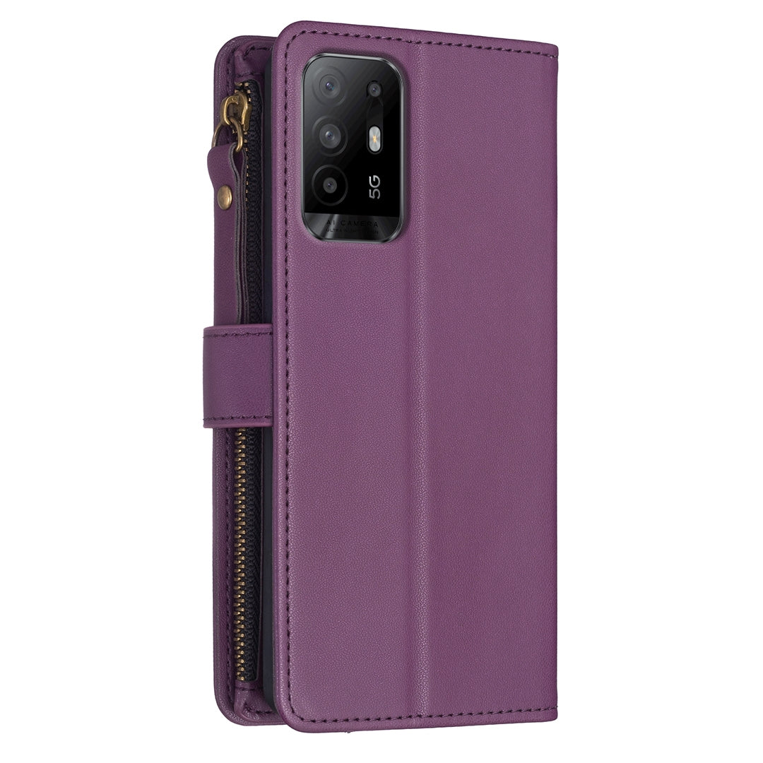 OPPO F19 Pro+ Leather Flip Wallet Phone Case with 9 Card Slots, Zipper Compartment, and Adjustable Stand