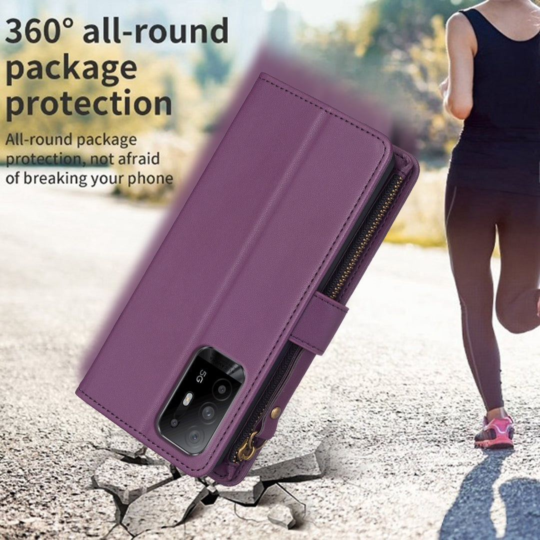 OPPO F19 Pro+ Leather Flip Wallet Phone Case with 9 Card Slots, Zipper Compartment, and Adjustable Stand