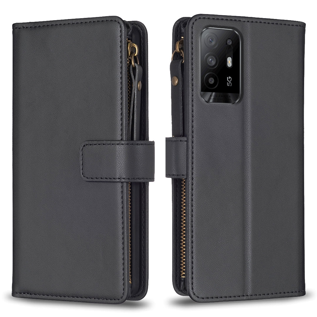OPPO F19 Pro+ Leather Flip Wallet Phone Case with 9 Card Slots, Zipper Compartment, and Adjustable Stand