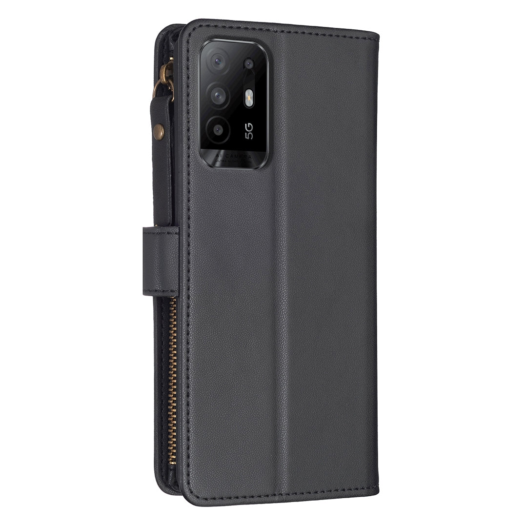 OPPO F19 Pro+ Leather Flip Wallet Phone Case with 9 Card Slots, Zipper Compartment, and Adjustable Stand