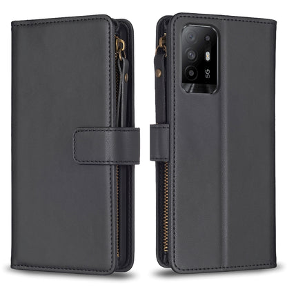 OPPO A94 5G Leather Flip Wallet Phone Case with 9 Card Slots, Zipper Compartment, and Adjustable Stand