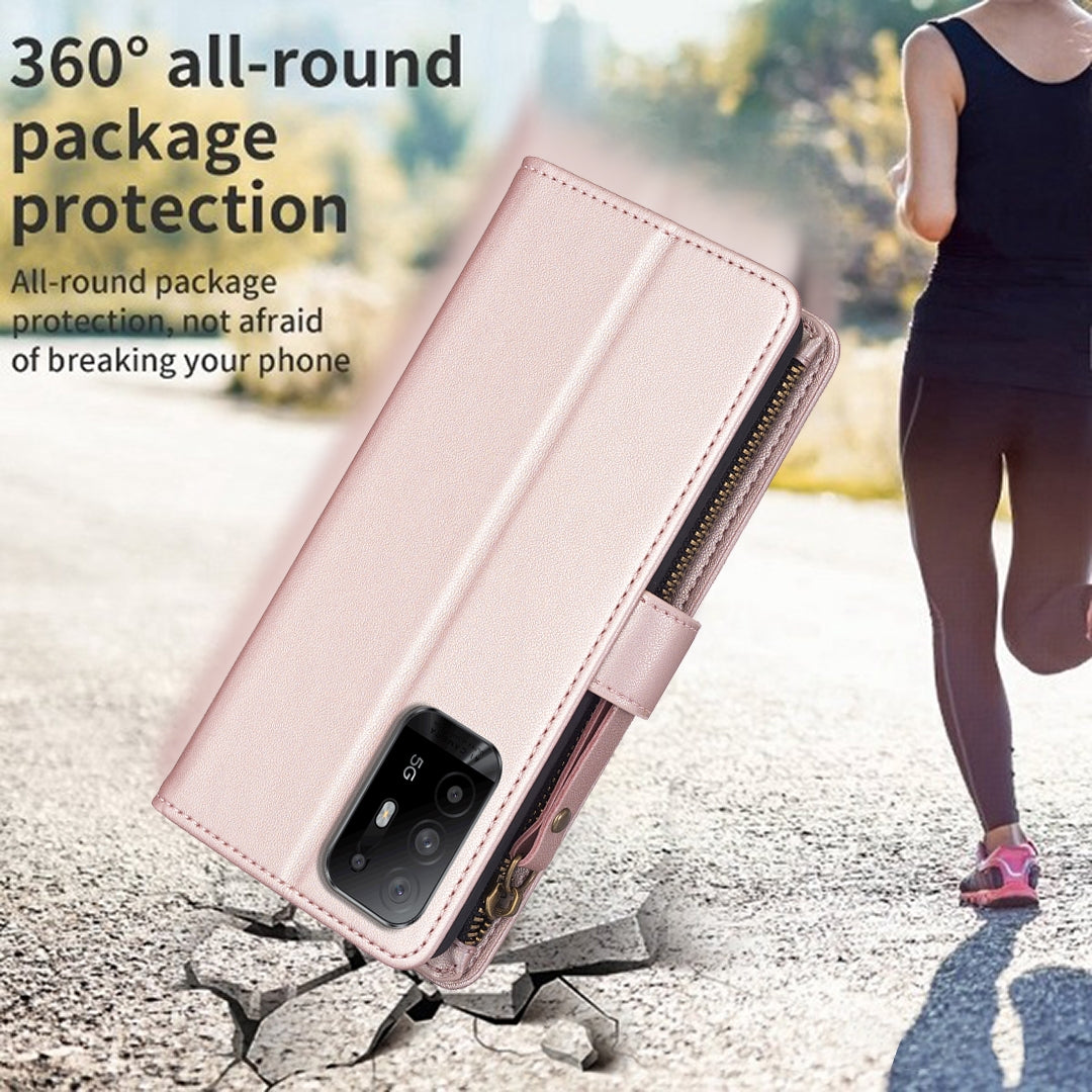 OPPO A94 5G Leather Flip Wallet Phone Case with 9 Card Slots, Zipper Compartment, and Adjustable Stand