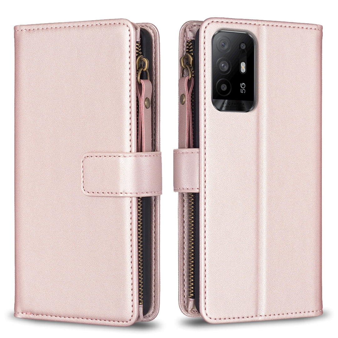 OPPO Reno5 Z 5G Leather Flip Wallet Phone Case with 9 Card Slots, Zipper Compartment, and Adjustable Stand
