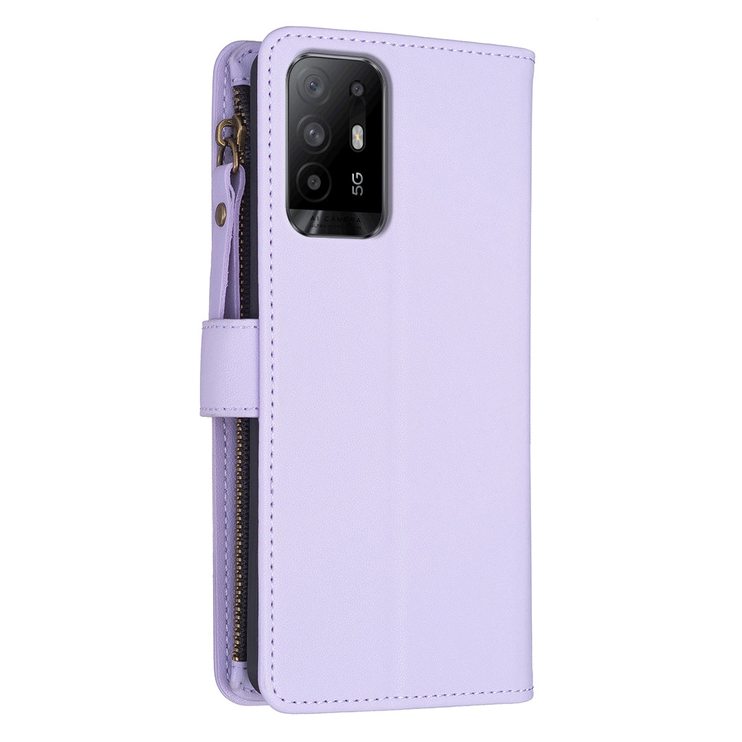 OPPO F19 Pro+ Leather Flip Wallet Phone Case with 9 Card Slots, Zipper Compartment, and Adjustable Stand