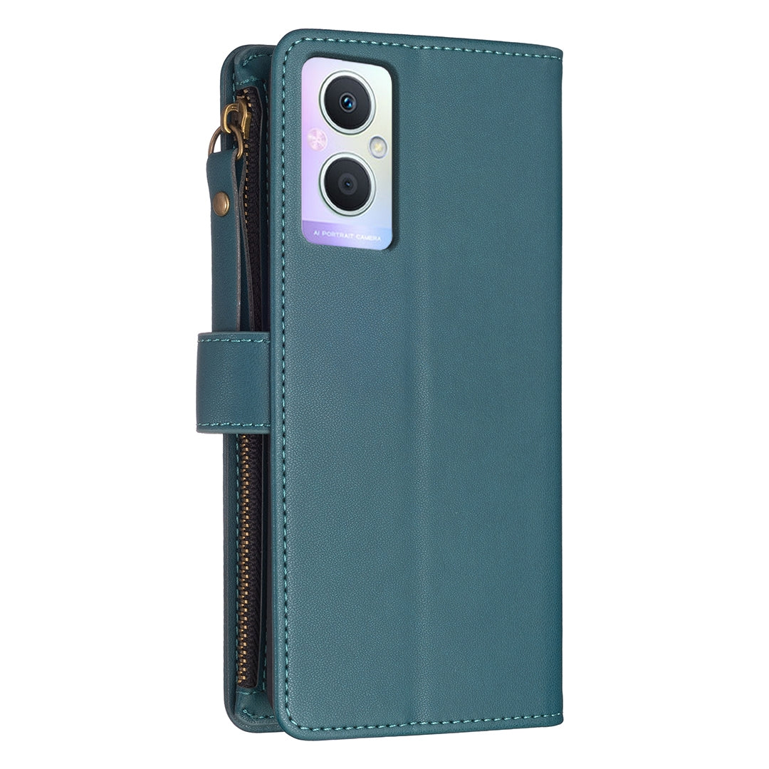 OPPO A96 5G Leather Flip Wallet Phone Case with 9 Card Slots, Zipper Compartment, and Adjustable Stand
