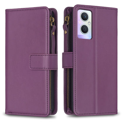 OPPO A96 5G Leather Flip Wallet Phone Case with 9 Card Slots, Zipper Compartment, and Adjustable Stand