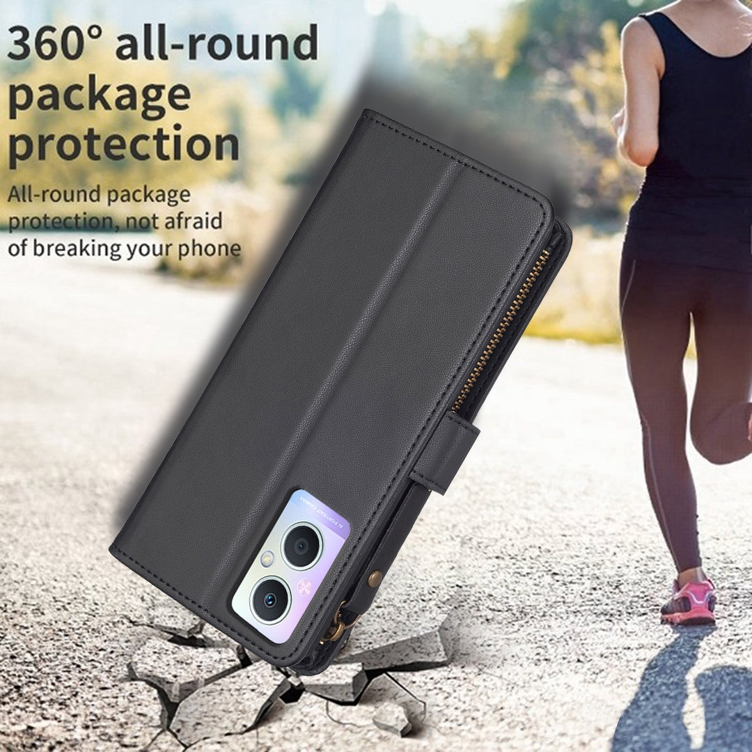 OPPO Reno7 Z Leather Flip Wallet Phone Case with 9 Card Slots, Zipper Compartment, and Adjustable Stand