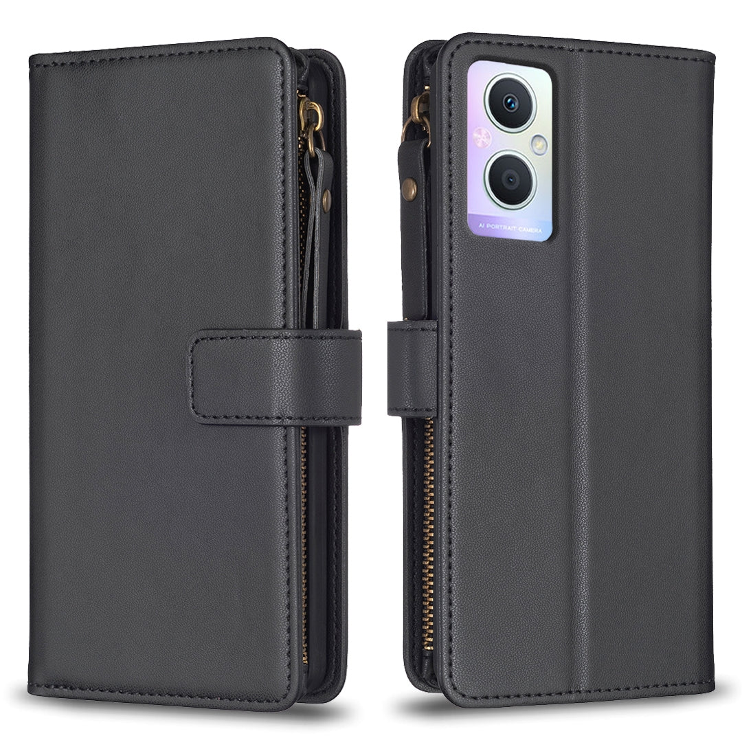 OPPO Reno7 Z Leather Flip Wallet Phone Case with 9 Card Slots, Zipper Compartment, and Adjustable Stand