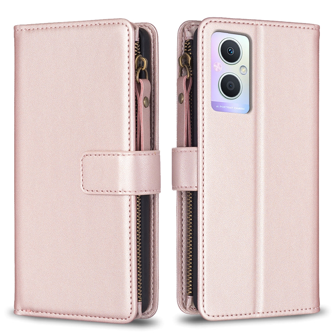 OPPO A96 5G Leather Flip Wallet Phone Case with 9 Card Slots, Zipper Compartment, and Adjustable Stand