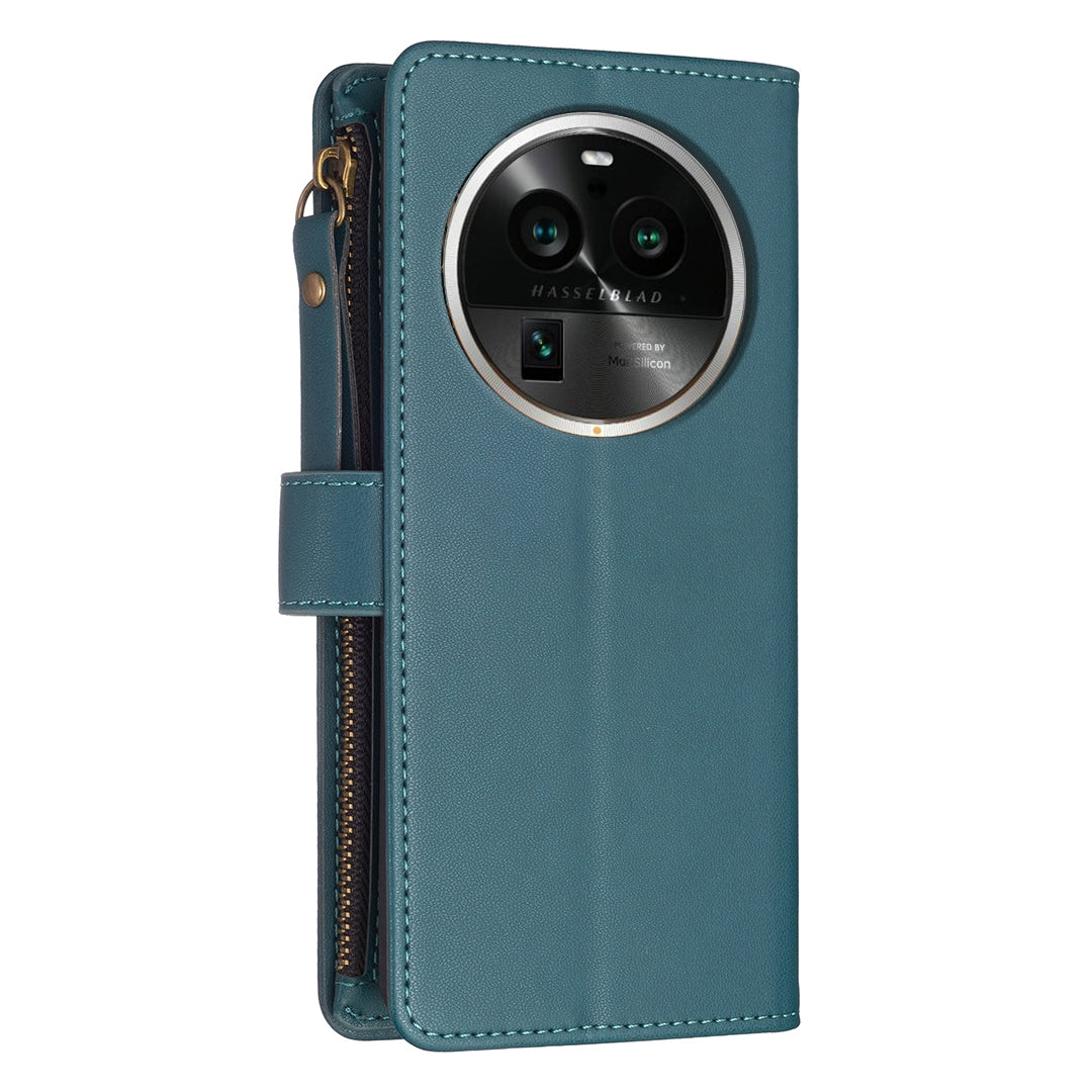 OPPO Find X6 Pro Leather Flip Wallet Phone Case with 9 Card Slots, Zipper Compartment, and Adjustable Stand