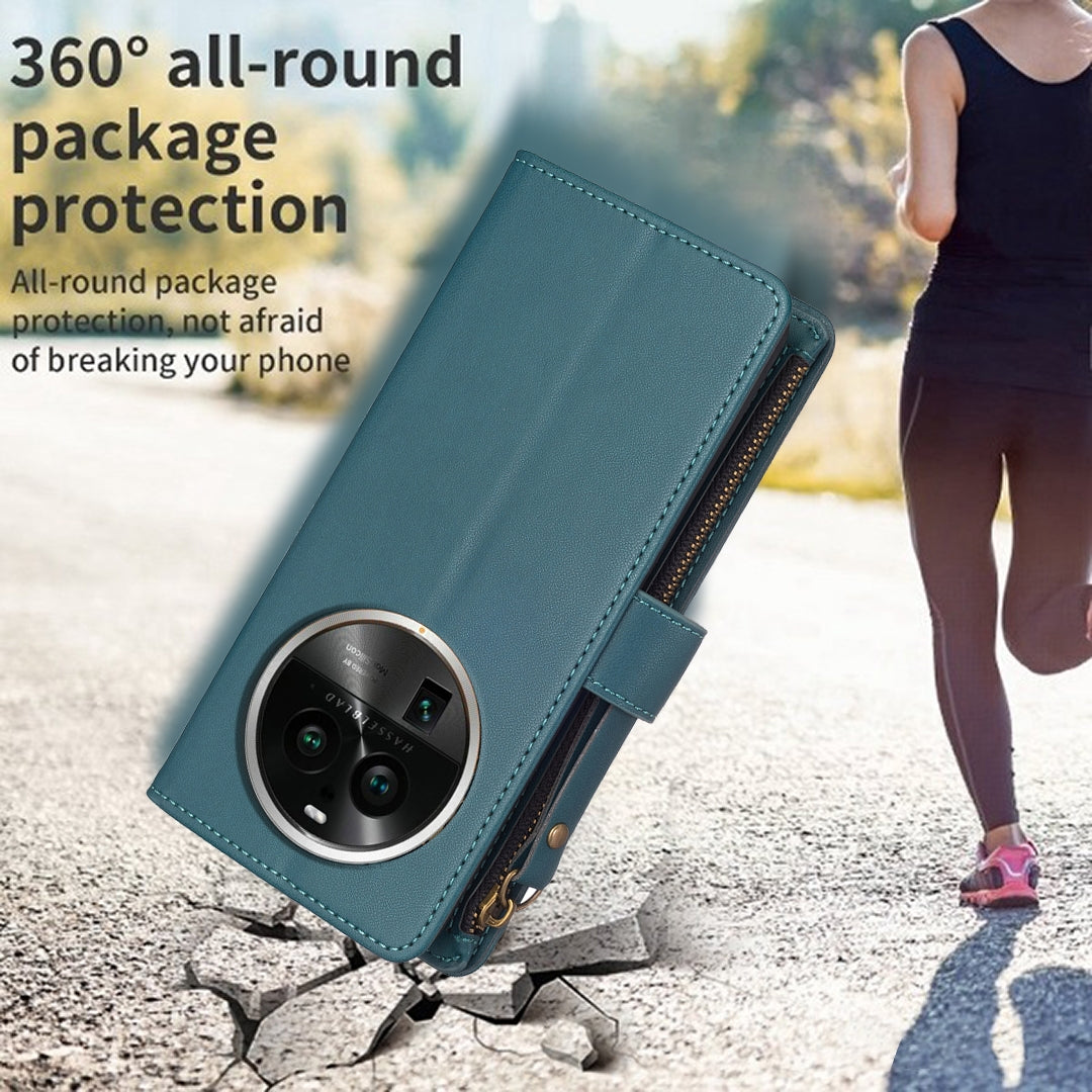 OPPO Find X6 Pro Leather Flip Wallet Phone Case with 9 Card Slots, Zipper Compartment, and Adjustable Stand