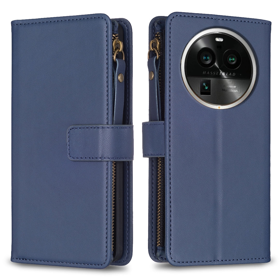 OPPO Find X6 Pro Leather Flip Wallet Phone Case with 9 Card Slots, Zipper Compartment, and Adjustable Stand