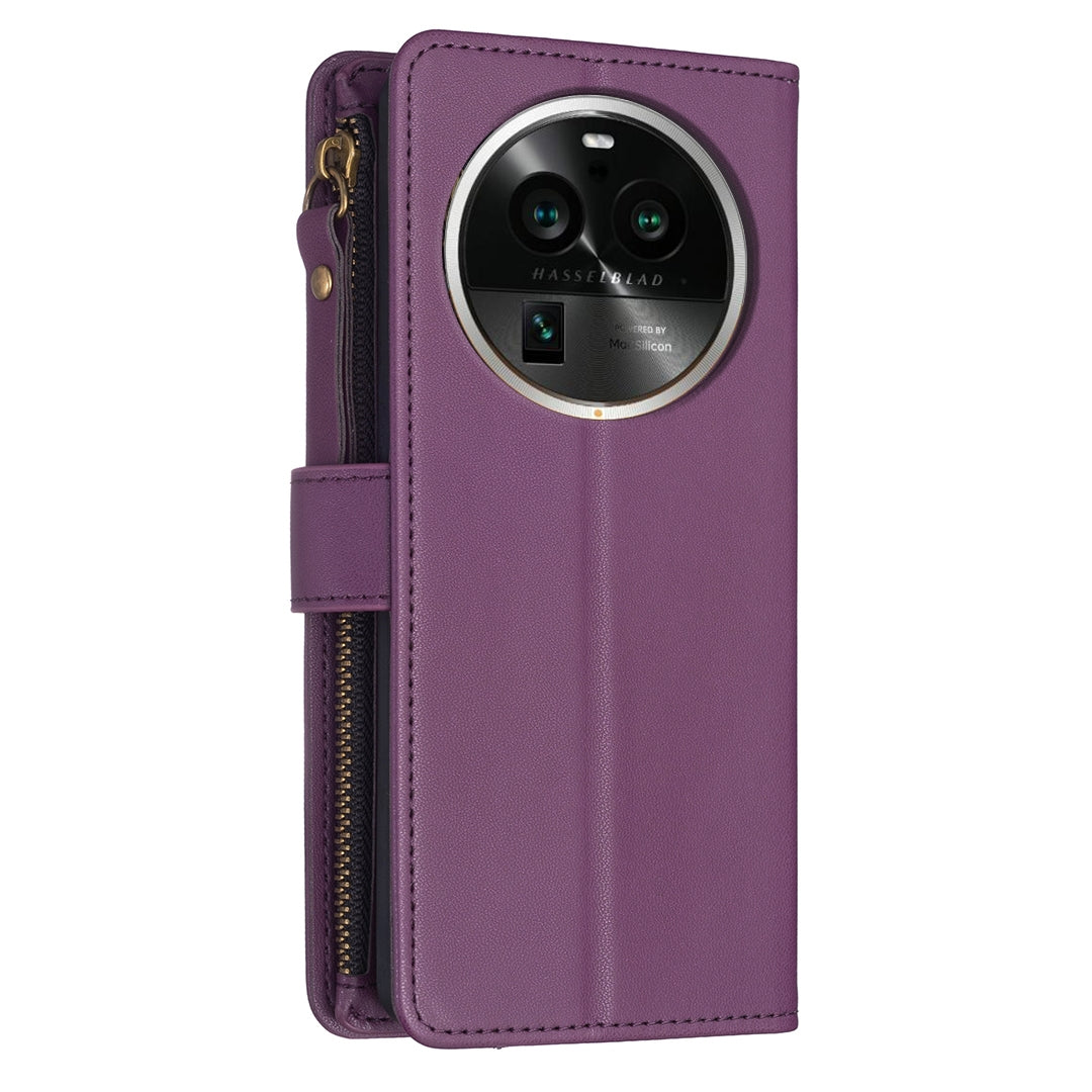 OPPO Find X6 Pro Leather Flip Wallet Phone Case with 9 Card Slots, Zipper Compartment, and Adjustable Stand