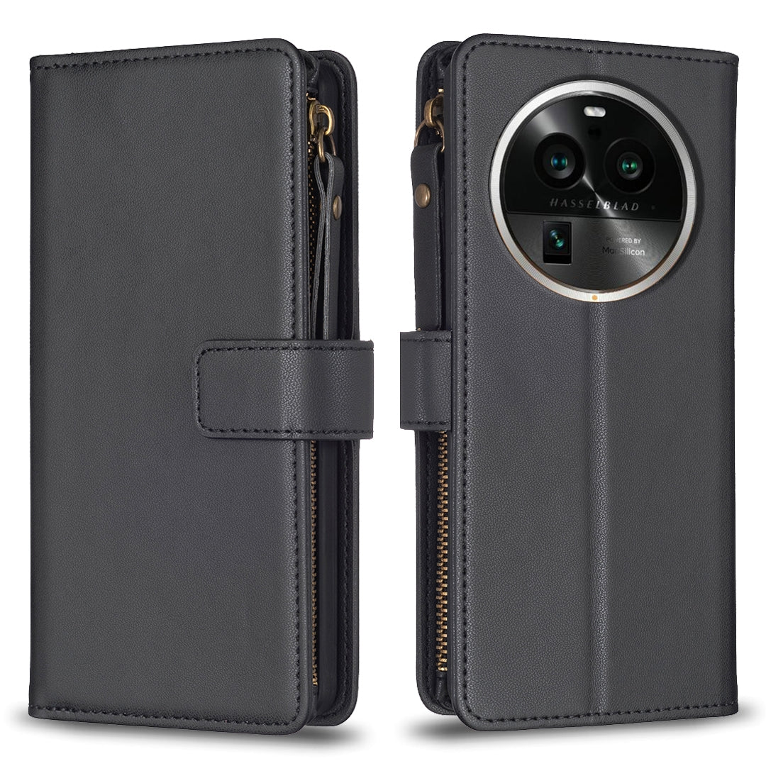OPPO Find X6 Pro Leather Flip Wallet Phone Case with 9 Card Slots, Zipper Compartment, and Adjustable Stand