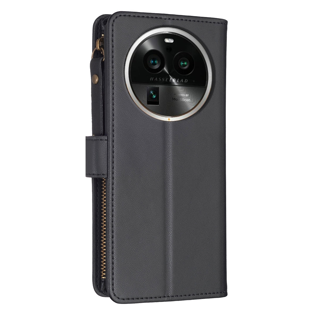 OPPO Find X6 Pro Leather Flip Wallet Phone Case with 9 Card Slots, Zipper Compartment, and Adjustable Stand