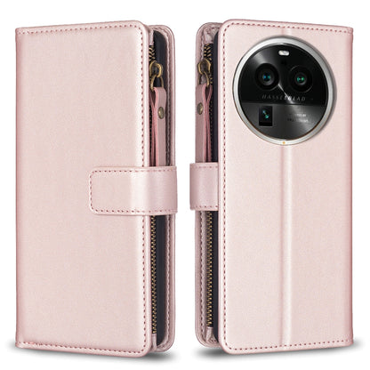 OPPO Find X6 Pro Leather Flip Wallet Phone Case with 9 Card Slots, Zipper Compartment, and Adjustable Stand