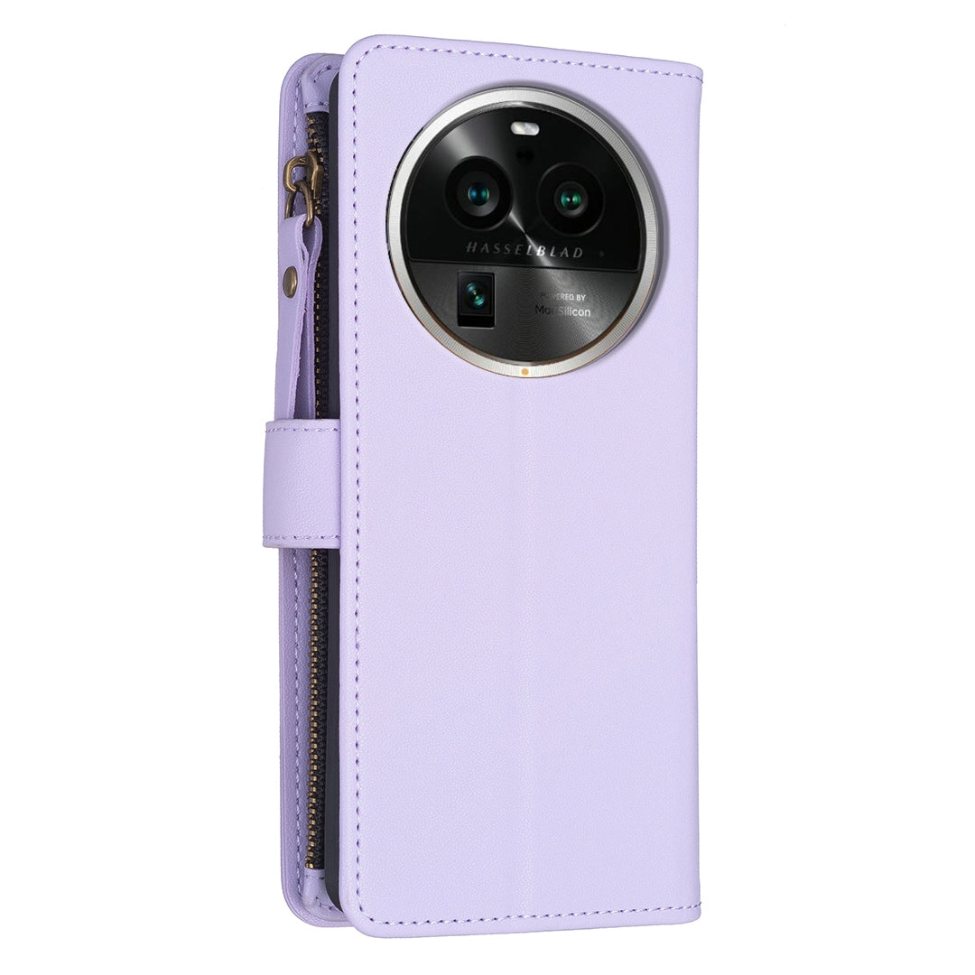 OPPO Find X6 Pro Leather Flip Wallet Phone Case with 9 Card Slots, Zipper Compartment, and Adjustable Stand