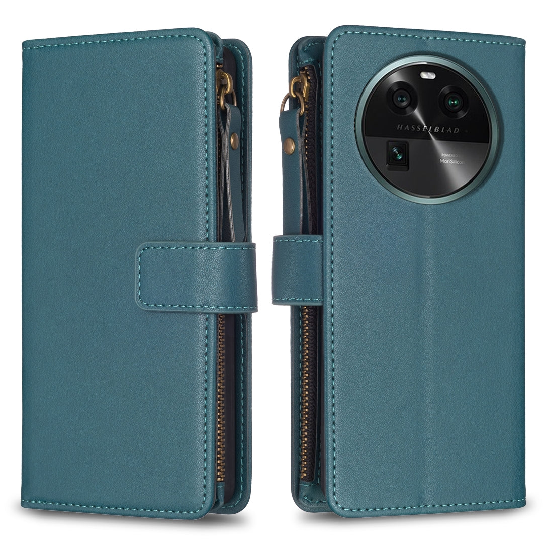OPPO Find X6 Leather Flip Wallet Phone Case with 9 Card Slots, Zipper Compartment, and Adjustable Stand