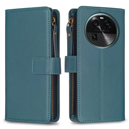 OPPO Find X6 Leather Flip Wallet Phone Case with 9 Card Slots, Zipper Compartment, and Adjustable Stand