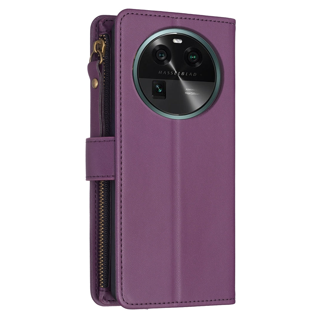 OPPO Find X6 Leather Flip Wallet Phone Case with 9 Card Slots, Zipper Compartment, and Adjustable Stand
