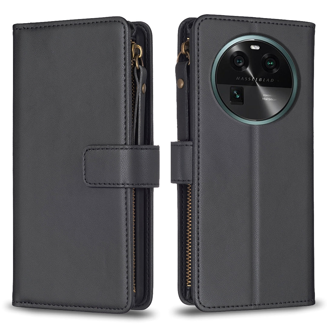 OPPO Find X6 Leather Flip Wallet Phone Case with 9 Card Slots, Zipper Compartment, and Adjustable Stand
