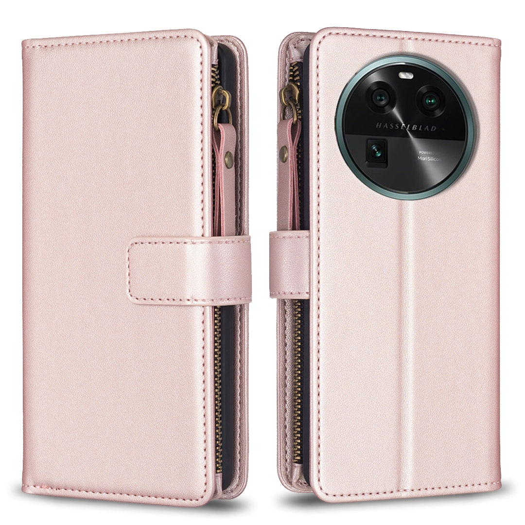 OPPO Find X6 Leather Flip Wallet Phone Case with 9 Card Slots, Zipper Compartment, and Adjustable Stand