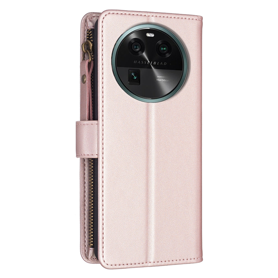 OPPO Find X6 Leather Flip Wallet Phone Case with 9 Card Slots, Zipper Compartment, and Adjustable Stand