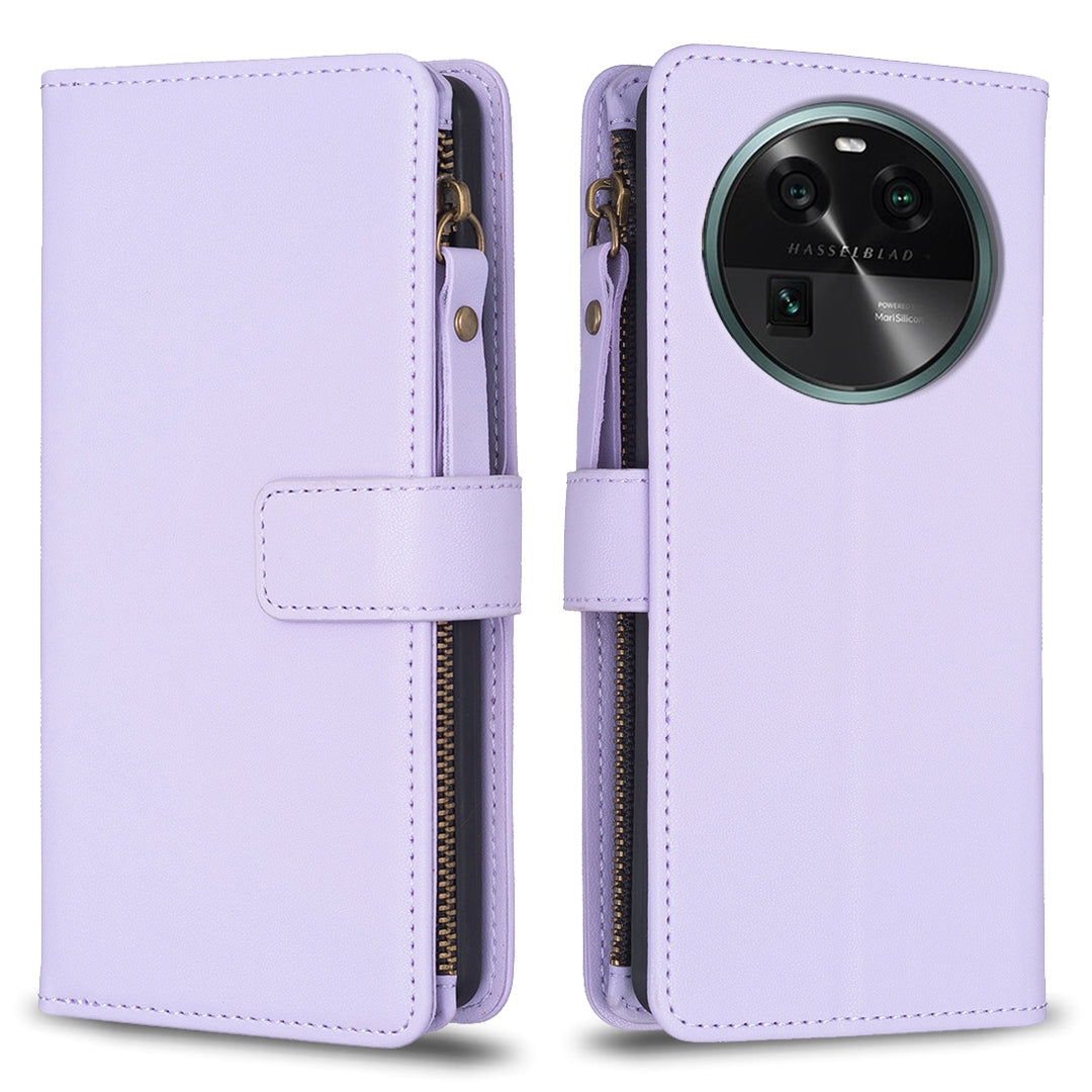 OPPO Find X6 Leather Flip Wallet Phone Case with 9 Card Slots, Zipper Compartment, and Adjustable Stand