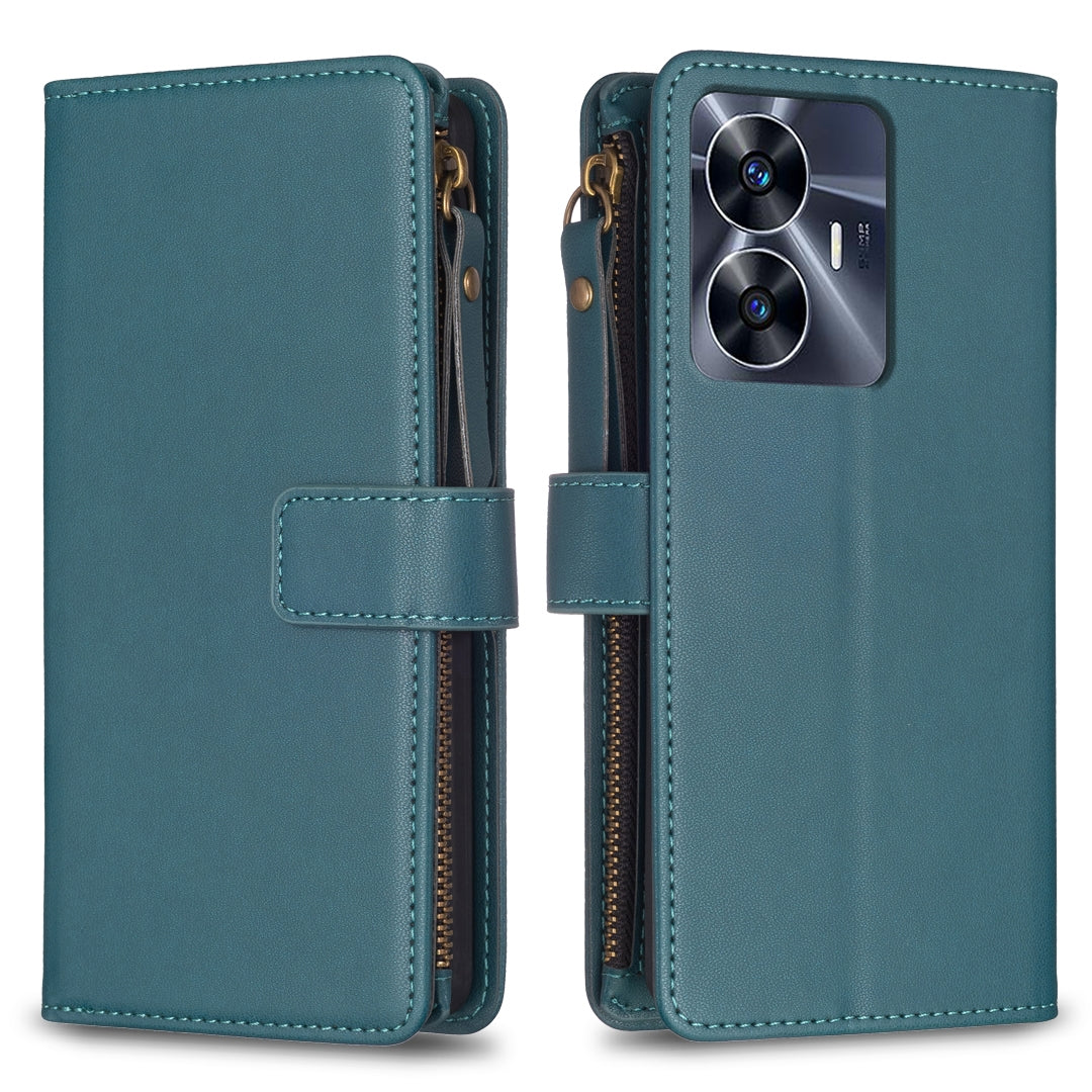 Realme C55 Leather Flip Wallet Phone Case with 9 Card Slots, Zipper Compartment, and Adjustable Stand