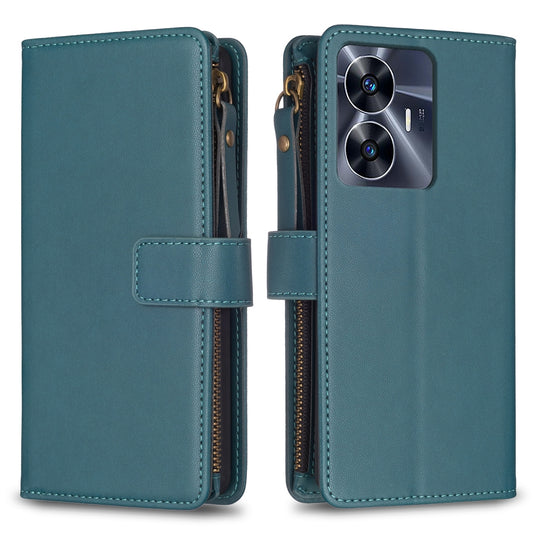 Realme C55 Leather Flip Wallet Phone Case with 9 Card Slots, Zipper Compartment, and Adjustable Stand