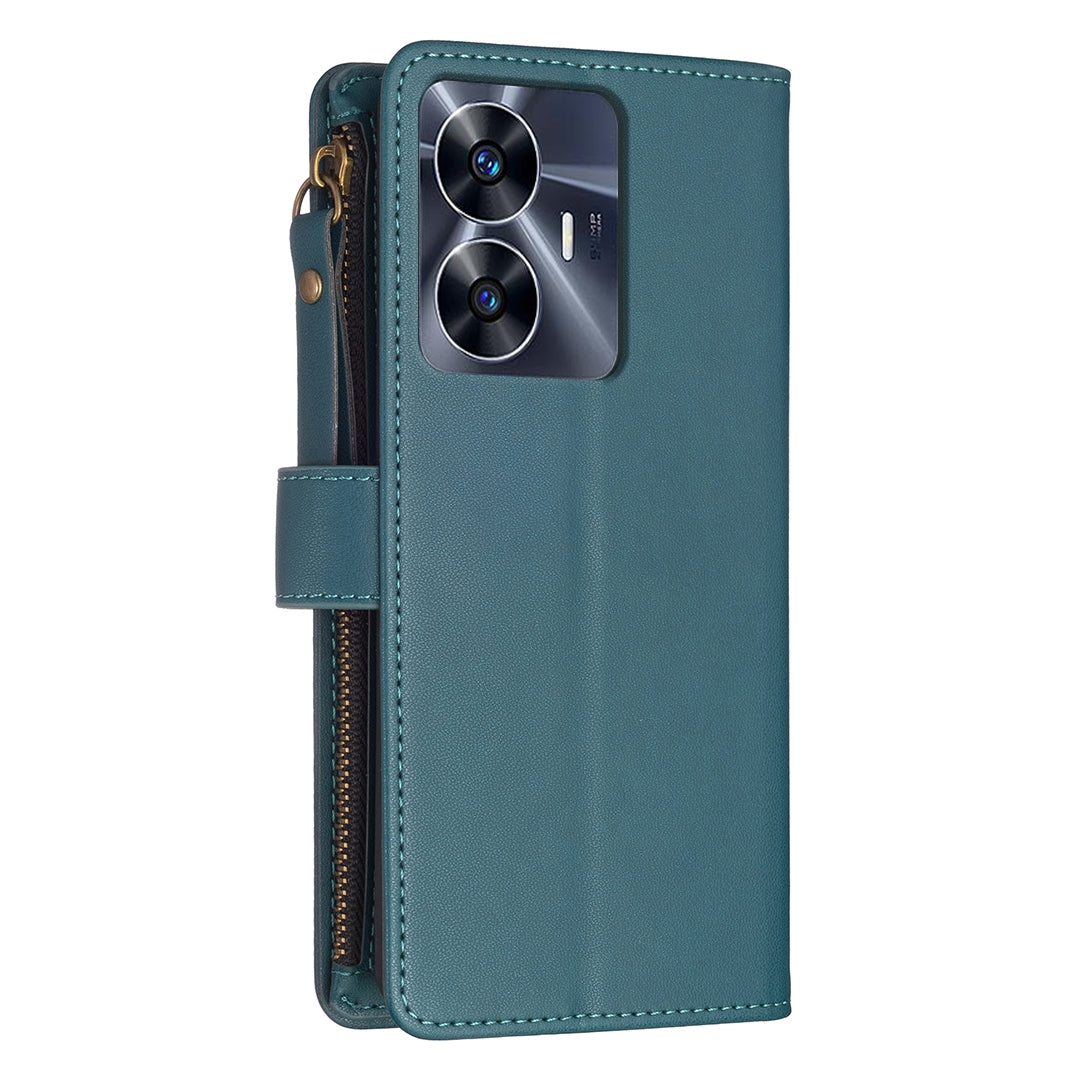 Realme C55 Leather Flip Wallet Phone Case with 9 Card Slots, Zipper Compartment, and Adjustable Stand