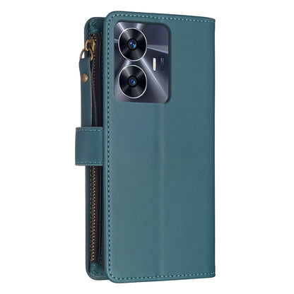 Realme C55 Leather Flip Wallet Phone Case with 9 Card Slots, Zipper Compartment, and Adjustable Stand