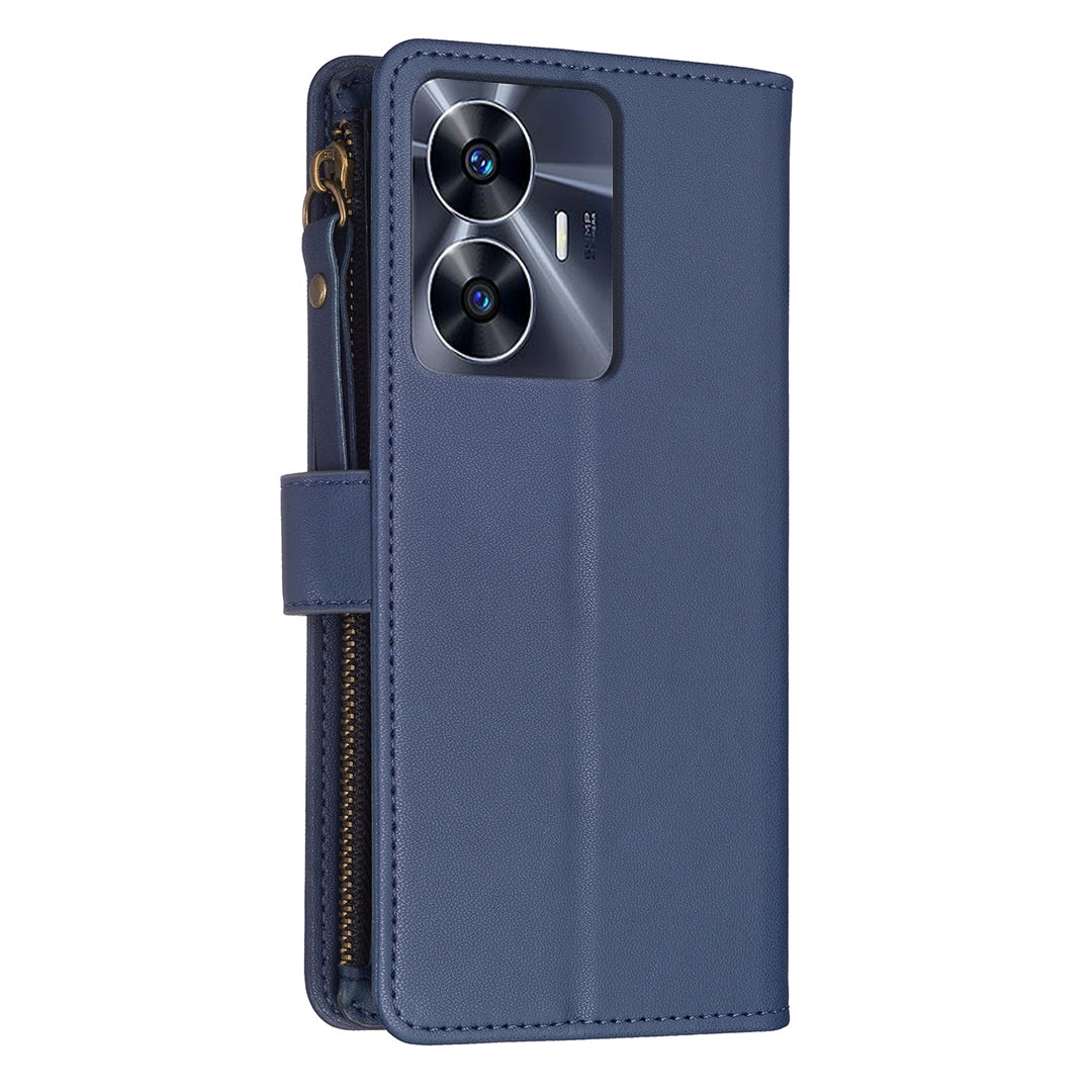 Realme C55 Leather Flip Wallet Phone Case with 9 Card Slots, Zipper Compartment, and Adjustable Stand