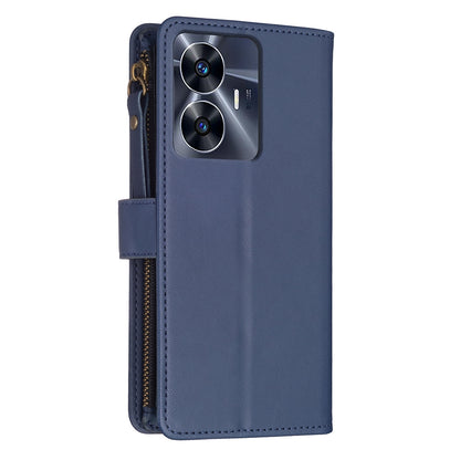 Realme C55 Leather Flip Wallet Phone Case with 9 Card Slots, Zipper Compartment, and Adjustable Stand