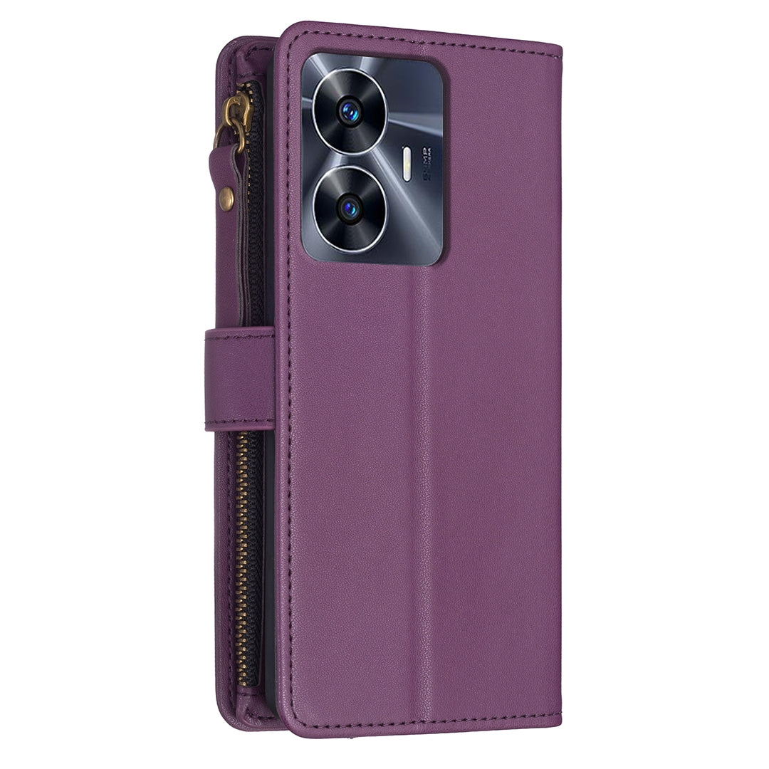 Realme C55 Leather Flip Wallet Phone Case with 9 Card Slots, Zipper Compartment, and Adjustable Stand