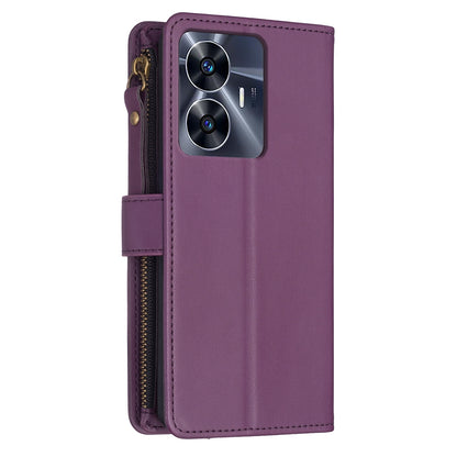 Realme C55 Leather Flip Wallet Phone Case with 9 Card Slots, Zipper Compartment, and Adjustable Stand