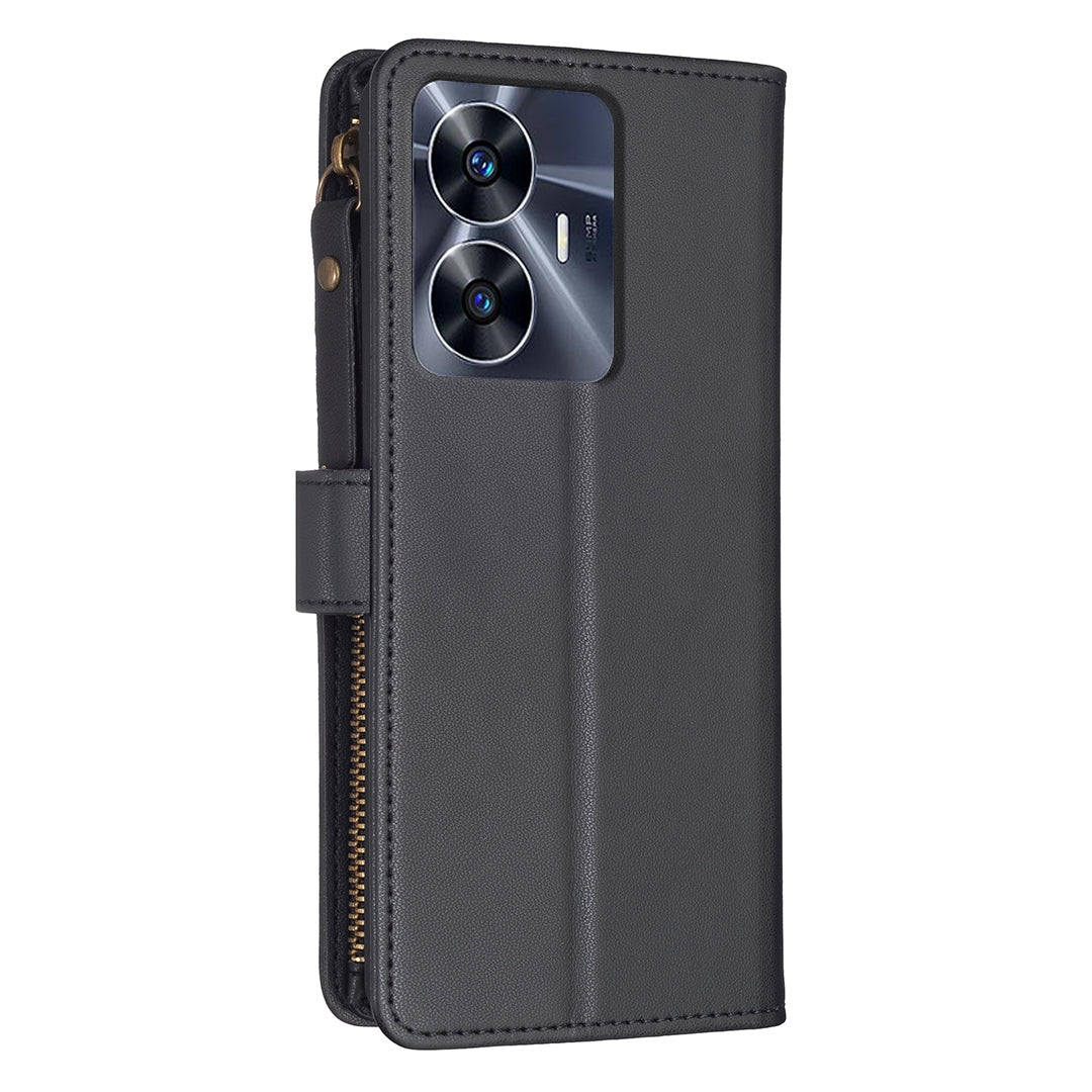 Realme C55 Leather Flip Wallet Phone Case with 9 Card Slots, Zipper Compartment, and Adjustable Stand