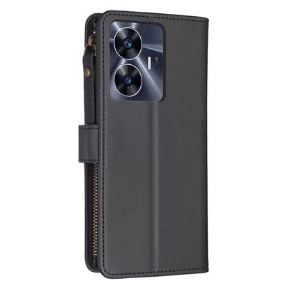Realme C55 Leather Flip Wallet Phone Case with 9 Card Slots, Zipper Compartment, and Adjustable Stand