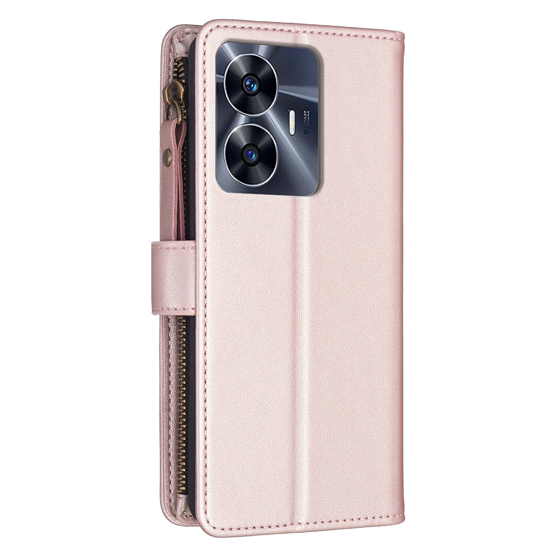 Realme C55 Leather Flip Wallet Phone Case with 9 Card Slots, Zipper Compartment, and Adjustable Stand
