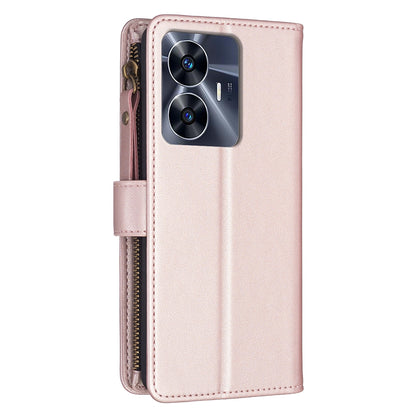 Realme C55 Leather Flip Wallet Phone Case with 9 Card Slots, Zipper Compartment, and Adjustable Stand