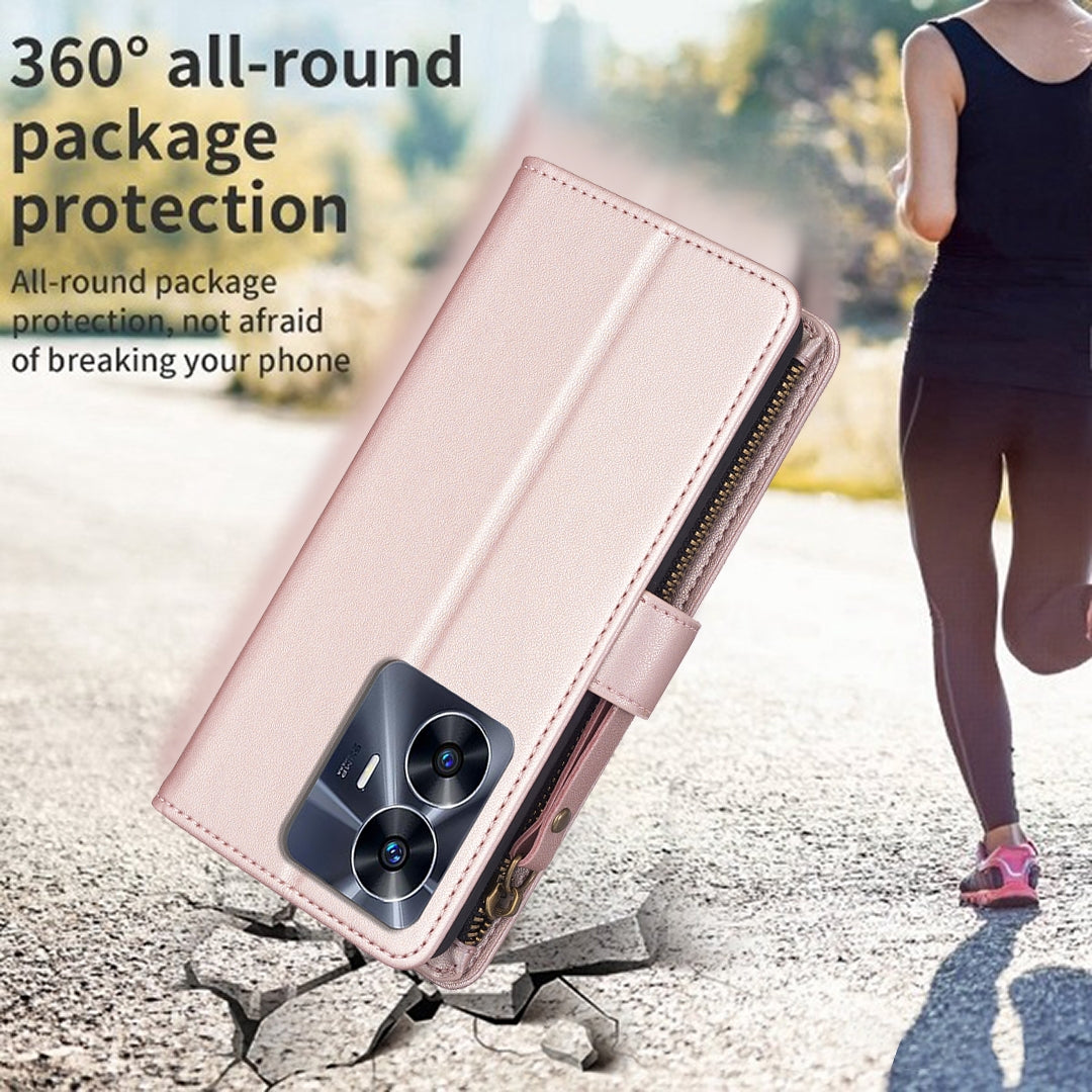 Realme C55 Leather Flip Wallet Phone Case with 9 Card Slots, Zipper Compartment, and Adjustable Stand